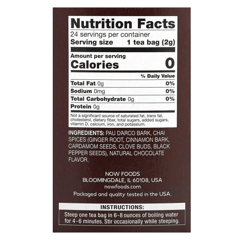 Чай из коры муравьиного дерева без кофеина Now Foods (Real Tea Pau D'Arco) 24 пакетика 48 г