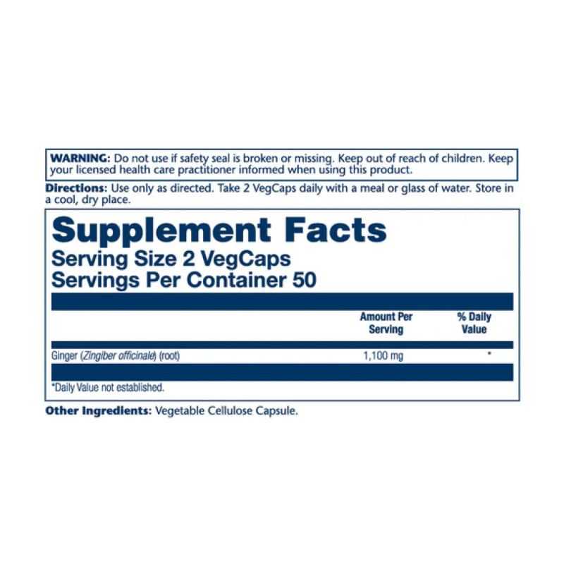 Ginger Root 1100mg (2 serv. of 550mg) - 100 vcaps Solaray