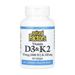 Vitamin D3 & K2 25 mcg (1000 IU) & 120 mcg - 60 softgels Natural Factors