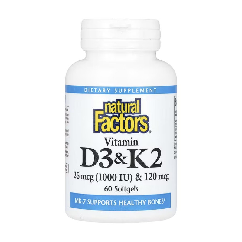 Vitamin D3 & K2 25 mcg (1000 IU) & 120 mcg - 60 softgels Natural Factors