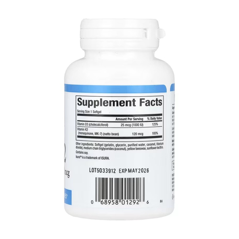 Vitamin D3 & K2 25 mcg (1000 IU) & 120 mcg - 120 softgels Natural Factors