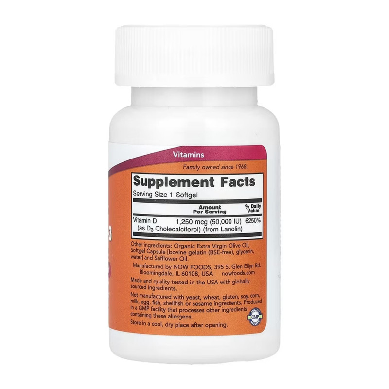 Vitamin D-3 50,000 IU - 12 softgels Now Foods