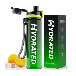 Hydrated Water Bottle - 1000ml Tritan Green Black Brave