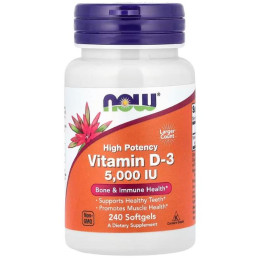 Витамин D-3, Vitamin D-3, Now Foods, высокоэффективный, 125 мкг (5000 МЕ), 240 гелевых капсул
