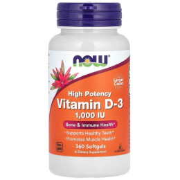 Витамин D-3, Vitamin D-3, NOW Foods, высокоэффективный, 25 мкг (1000 МЕ), 360 гелевых капсул