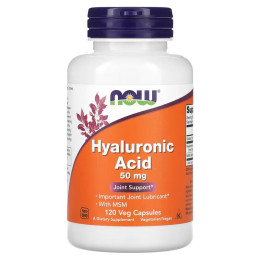 Гиалуроновая кислота с МСМ, Hyaluronic Acid With MSM, Now Foods, 50 мг, 120 вегетарианских капсул.