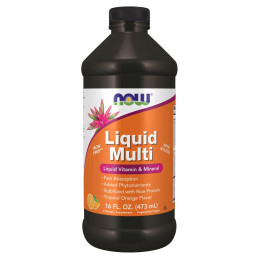Мультивітаміни, Liquid Multi, Now Foods, рідкі, без заліза, тропічний апельсин, 473 мл