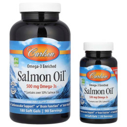 Лососевый жир, обогащенный Омега-3, Salmon Oil, Carlson, 500 мг, 180+50 гелевых капсул