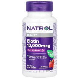 Биотин, Biotin, Natrol, клубника, 10000 мкг, 60 таблеток
