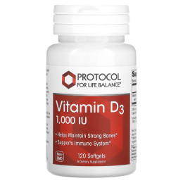 Вітамін D3, Vitamin D3, Protocol for Life Balance, 1000 МО, 120 гелевих капсул