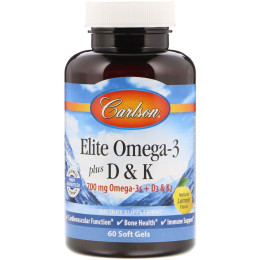Омега 3 + вітамін D3 і вітамін К, Omega-3 Plus D & K, Carlson, 60 гелевих капсул