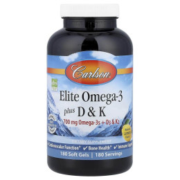 Омега 3 + вітамін D3 та вітамін К, Elite Omega-3 Plus D&K, Carlson, натуральний лимон, 180 гелевих капсул