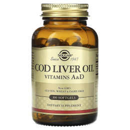 Вітамін А і D з олії печінки тріски, Cod Liver Oil, Vitamins A & D, Solgar, 100 гелевих капсул