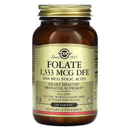 Фолат, Folate, Solgar, фолієва кислота, 1,333 мкг DFE (800 мкг), 250 таблеток