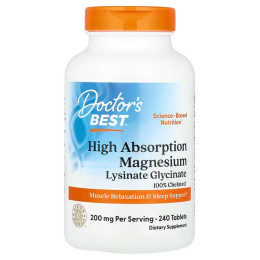 Магній хелат, Magnesium, Doctor's Best, з високим ступенем засвоєння, 200 мг, 240 таблеток (100 мг у таблетці)