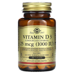 Витамин D3 (холекальциферол), Vitamin D3, Solgar, 25 мкг (1000 МЕ), 180 таблеток