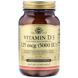 Витамин D3 (холекальциферол), Vitamin D3 Cholecalciferol, Solgar, 125 мкг (5000 МЕ), 120 вегетарианских капсул