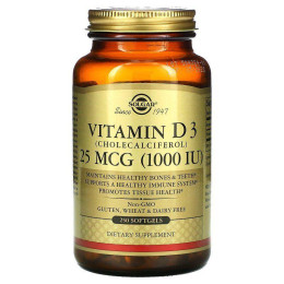 Вітамін D3 (холекальциферол), Vitamin D3, Solgar, 25 мкг (1000 МО), 250 гелевих капсул