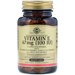Вітамін Е, Vitamin E, Solgar, натуральний, 67 мг (100 МО), 100 гелевих капсул