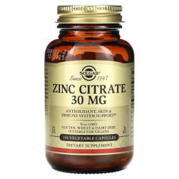 Цитрат цинку, Zinc Citrate, Solgar, 30 мг, 100 капсул