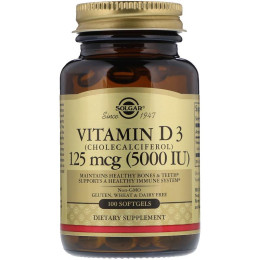 Витамин D3 (холекальциферол), Vitamin D3, Solgar, 125 мкг (5000 МЕ), 100 гелевых капсул