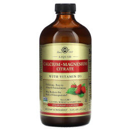 Кальций магний D3, Calcium Magnesium Citrate with Vitamin D3, Solgar, цитрат, вкус клубники, жидкий, 473 мл.