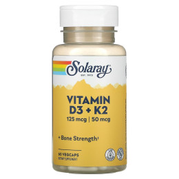 Витамин D3 и К2, Vitamin D-3 & K-2, Solaray, без сои, 60 растительных капсул