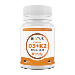 Витамин D3+К2, Vitamin D3+K2, Biotus, 1000 МЕ/50 мкг, 60 капсул