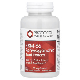 Ашваганда KSM-66, KSM-66 Ashwagandha, Protocol for Life Balance, екстракт кореня, 600 мг, 90 рослинних капсул