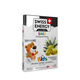 Льодяники від застуди, для дітей, Herbal Lozenges Blister 20 herbs + Sage for kids, Swiss Energy, від кашлю, болю в горлі та закладеності носа, 20 альпійських трав та шавлія, 12 трав'яних льодяників
