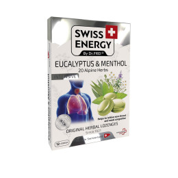 Льодяники від застуди, Herbal Lozenges Blister 20 herbs + Eucalyptus and Menthol, Swiss Energy, від кашлю, болю в горлі та закладеності носа, 20 альпійських трав, ментол та евкаліпт, 12 трав'яних льодяників