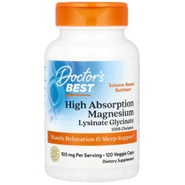 Магний лизинат-глицинат, High Absorption Magnesium, Doctor's Best, 100% хелатный, 105 мг, 120 вегетарианских капсул (52.5 мг в капсуле)
