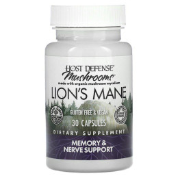 Ежовик Гребенчатый, Lion's Mane, Fungi Perfecti, Host Defense, поддержка памяти и нервов, 1 г, 30 вегетарианских капсул