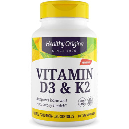 Витамин D3 и К2, Vitamin D3 + K2, Healthy Origins, 180 гелевых капсул