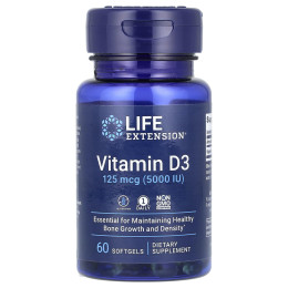 Витамин D-3, Vitamin D3, Life Extension, 125 мкг (5000 МЕ), 60 гелевых капсул