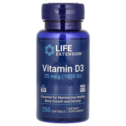 Вітамін D3, Vitamin D3, Life Extension, 25 мкг (1000 МО), 250 гелевих капсул