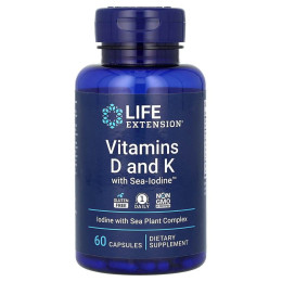 Витамин D и К с йодом, Vitamins D and K with Sea-Iodine, Life Extension, 60 капсул
