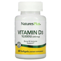 Витамин D3, Vitamin D3, Nature's Plus, 10 000 МЕ (250 мкг), 60 капсул