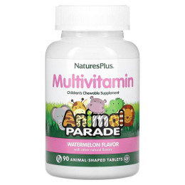 Мультивитамины и минералы для детей, Animal Parade Multivitamin, NaturesPlus, вкус арбуза, 90 жевательных конфет в форме животных