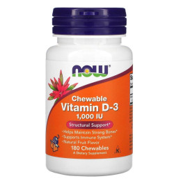 Витамин D-3, Vitamin D-3, Now Foods, вкус фруктов, 1000 МЕ, 180 жевательных таблеток