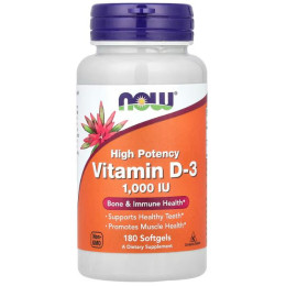 Вітамін D-3, Vitamin D-3, NOW Foods, високоефективний, 1000 МО, 180 гелевих капсул