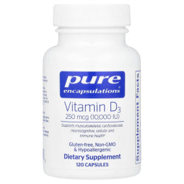 Витамин D3, Vitamin D3, Pure Encapsulations, для поддержки здоровья костей, суставов, груди, простаты, сердца, толстой кишки и иммунитета, 250 мкг (10 000 МЕ), 120 капсул