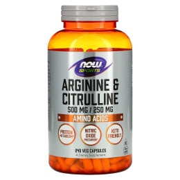 Аргинин и цитруллин, Arginine & Citrulline, Now Foods, Sports, 500 мг/250 мг, 240 вегетарианских капсул