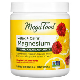 Магний, Relax + Calm Magnesium, MegaFood, малиновый лимонад, 200 г