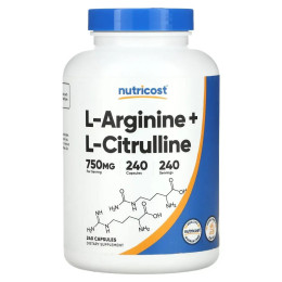 Аргінін і Цитрулін Nutricost (L-Arginine + L-Citrulline) 750 мг 240 капсул
